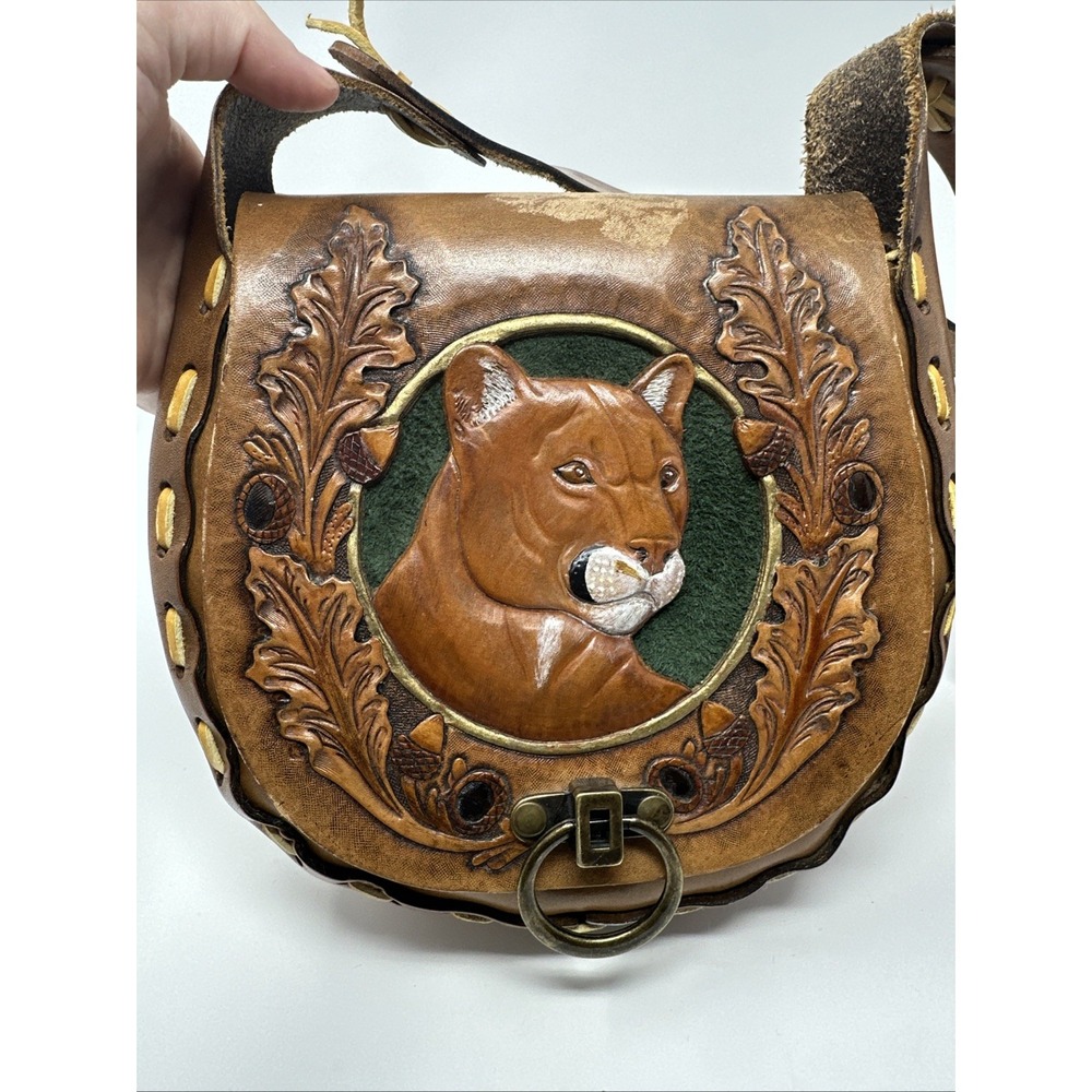 Vintage 1970s Tooled Leather Hand Carved Hand Painted Cougar Purse